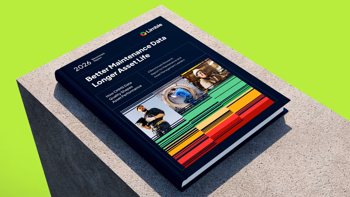 Book titled 'Better Maintenance Data Longer Asset Life' by Limble with images of workers and colored performance indicators on the cover.